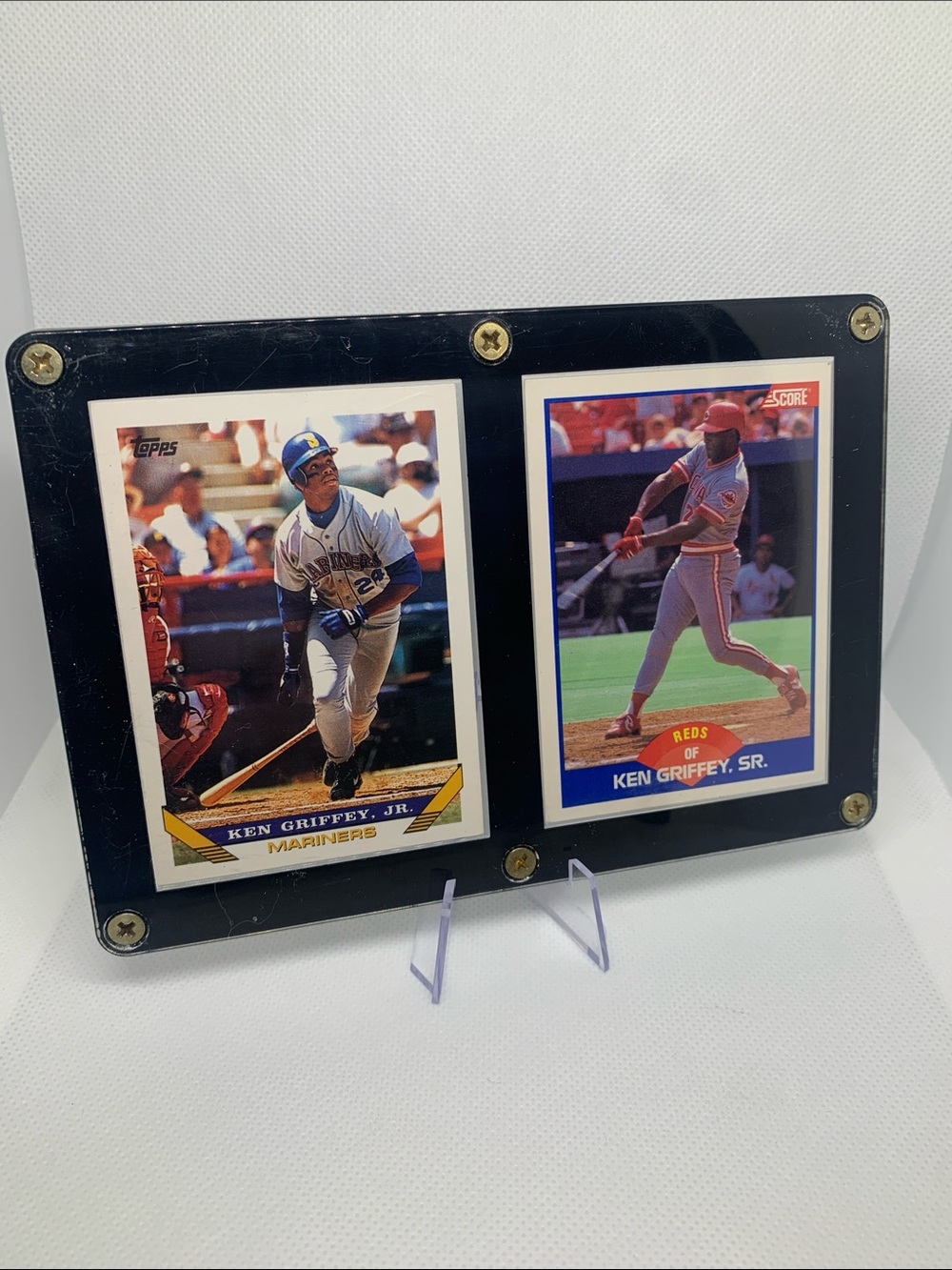 Ken Griffey Jr & Sr Topps Baseball Cards In Protective Display Mariners Reds HOF